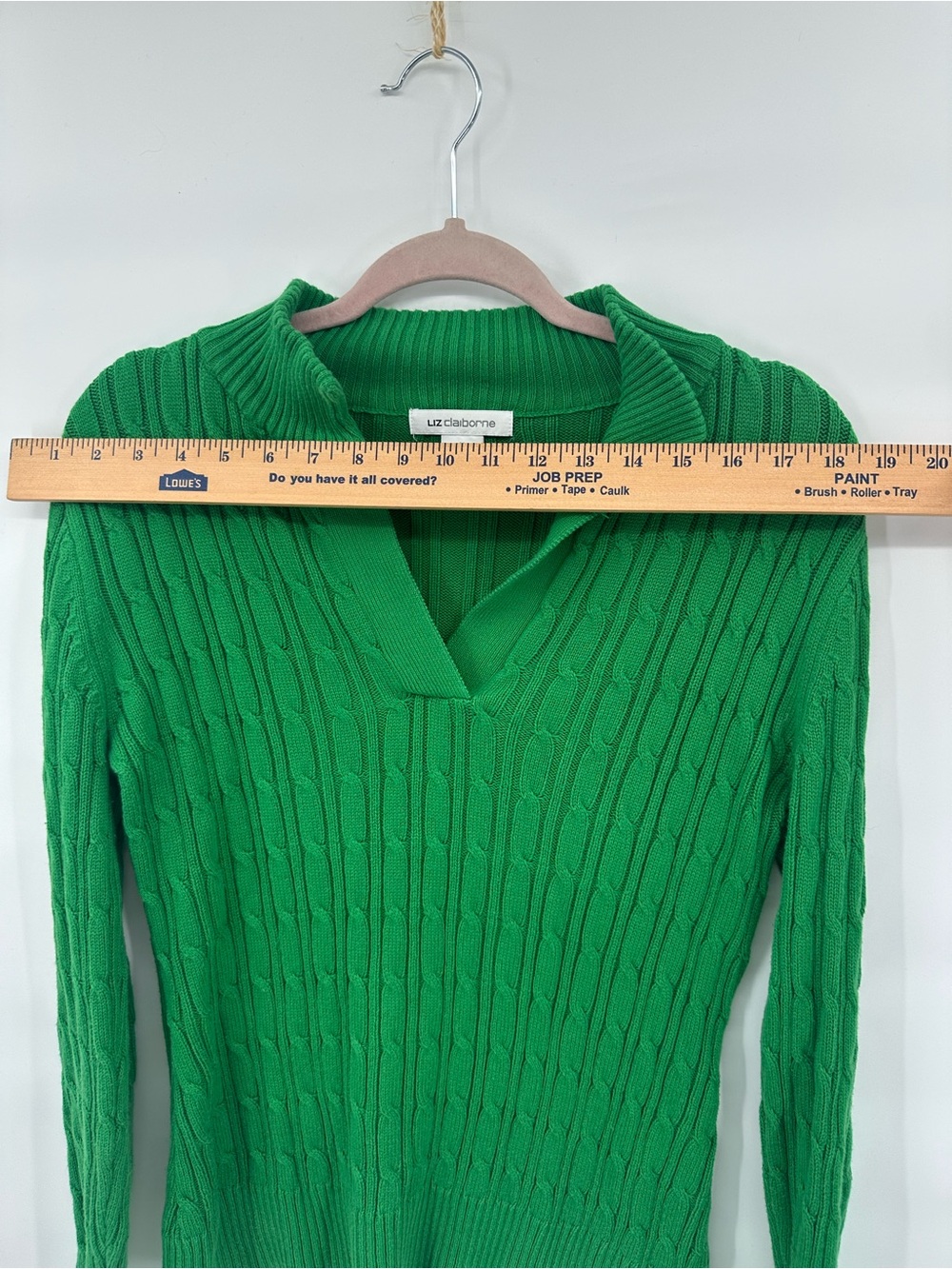 Liz Claiborne Kelly Green Cable Knit Sweater Women's Medium Split Neck 1167 - Picture 6 of 7